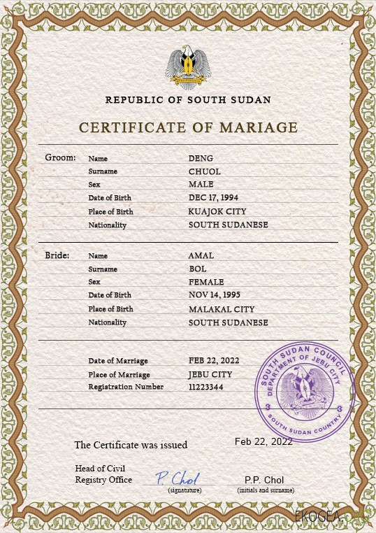 Modèle PSD de certificat de mariage du Soudan du Sud